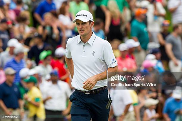 Justin Rose walks onto the 18th green during regulation play during the final round of the Memorial Tournament presented by Nationwide Insurance held...