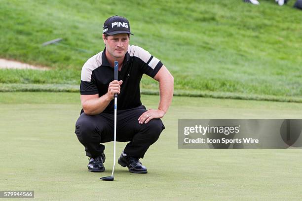 David Lingmerth lines up his put on the 18th green during first sudden-death hole during the final round of the Memorial Tournament presented by...