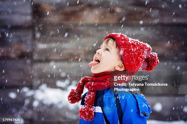 close portrait of little boy, catching snowflakes - snow falling stockfoto's en -beelden