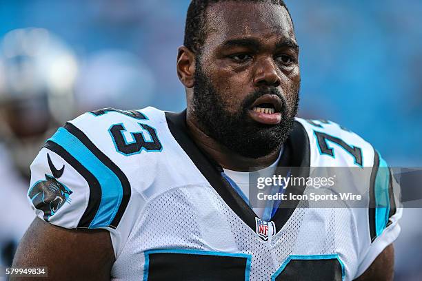 Carolina Panthers tackle Michael Oher trots off the field during the pre-season game between the Carolina Panthers and the Miami Dolphins at Bank of...