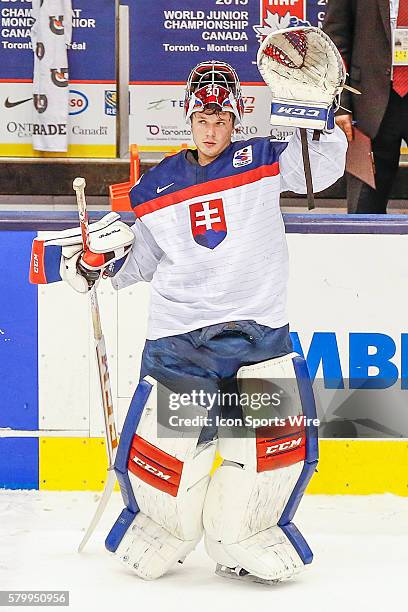 Denis Godla of Slovakia acknowledges crowd following Canada's 5-1 victory over Slovakia at the IIHF World Junior Championship at Air Canada Centre in...