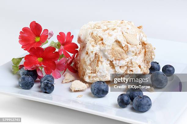 Meringue, sponge cake and blueberries dessert