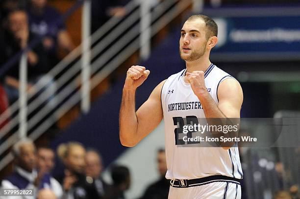 Northwestern Wildcats center Alex Olah celebrates during a game between the Nebraska Cornhuskers and the Northwestern Wildcats at the Welsh-Ryan...