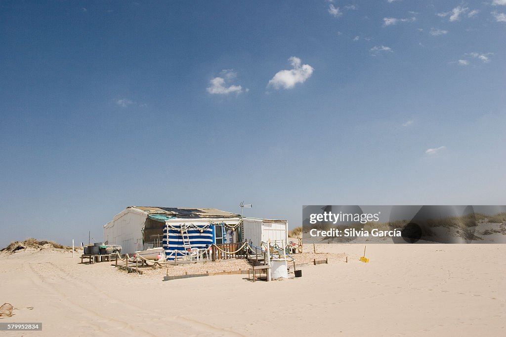 Fischerman shanty on Doñana National Park, Huelva. Typical houses of fishermanc