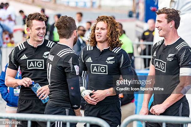 Lewis Ormond waiting with Gillies Kaka , Kurt Baker and Sam Dickson of New Zealand after the Plate Final Match match between New Zealand and Japan at...