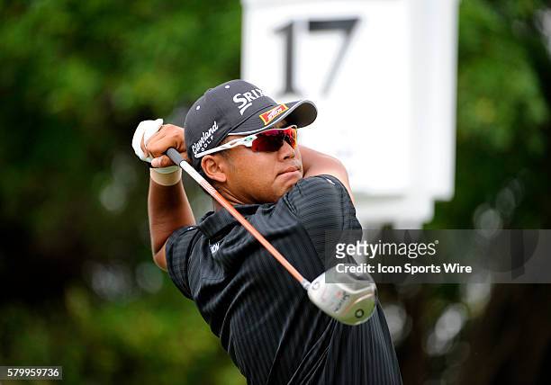Hideki Matsuyama of Japan watches his tee shot during the third round of the World Golf Championships-Cadillac Championship on the TPC Blue Monster...