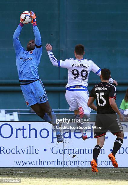 Bill Hamid of D.C United pulls in a cross in front of Jack McInerney of Montreal Impact during a MLS soccer match at RFK Stadium, in Washington DC....