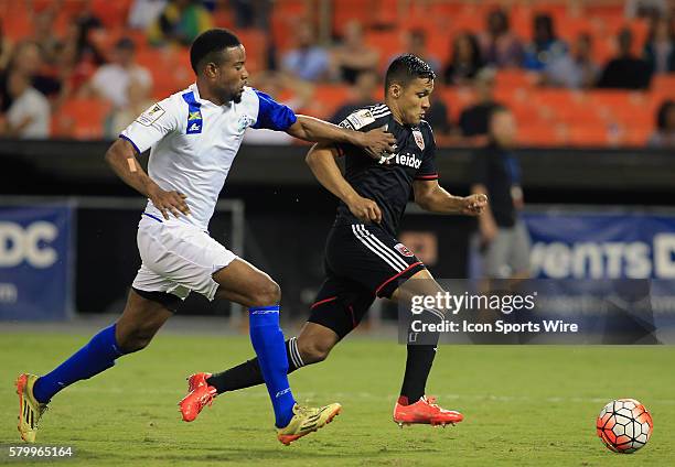 Jairo Arrieta of D.C United races away from Cordell Simpson of Montego Bay United during a CONCACAF Champions League match at RFK Stadium, in...