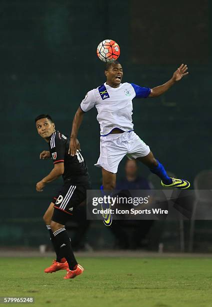 Jairo Arrieta of D.C United watches a header by Cordell Simpson of Montego Bay United during a CONCACAF Champions League match at RFK Stadium, in...