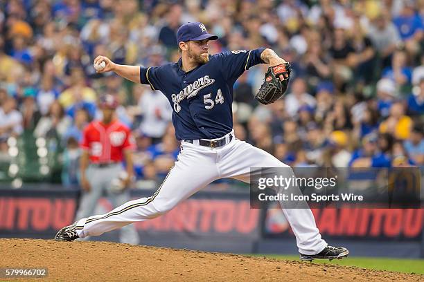 Milwaukee Brewers Pitcher Michael Blazek [10236] throws a pitch as the Washington Nationals take on the Milwaukee Brewers at Miller Park in...