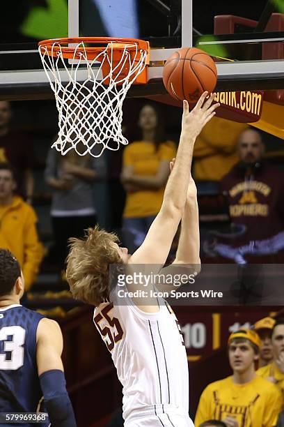 March 8, 2015 Gophers center Elliott Eliason goes up for a lay up during the first half at the Minnesota Gophers game versus Penn State Nittany Lions...
