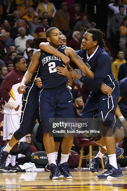 March 8, 2015 Penn State Nittany Lions guard D.J. Newbill is congratulated by teammates forward Brandon Taylor and guard Geno Thorpe after making a...