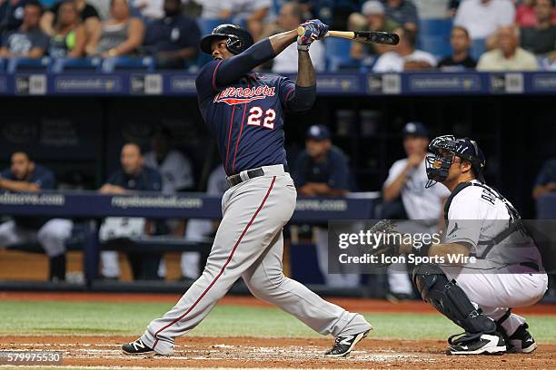 Minnesota Twins designated hitter Miguel Sano doubles in the 3rd inning of the regular season Major League Baseball game between the Minnesota Twins...