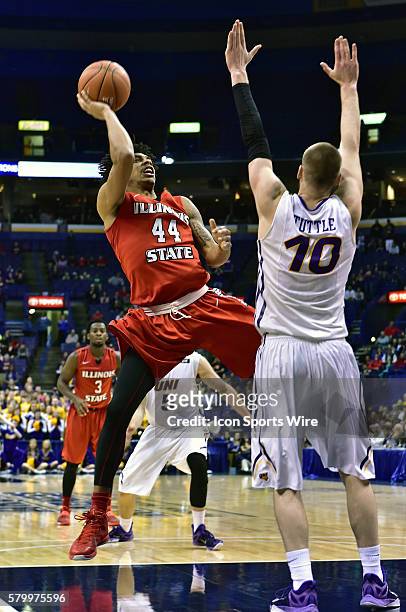 Illinois State guard DeVaughn Akoon-Purcell shoots over Northern Iowa forward Seth Tuttle in the second half during the championship game of the...