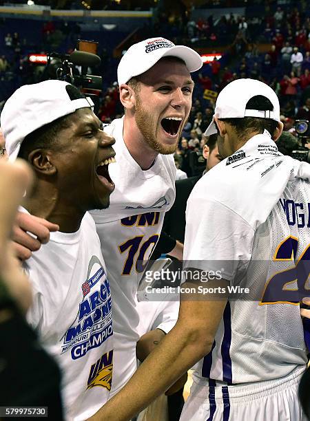 Northern Iowa forward Seth Tuttle celebrates with his teammates after winning the championship game of the Missouri Valley Conference Basketball...