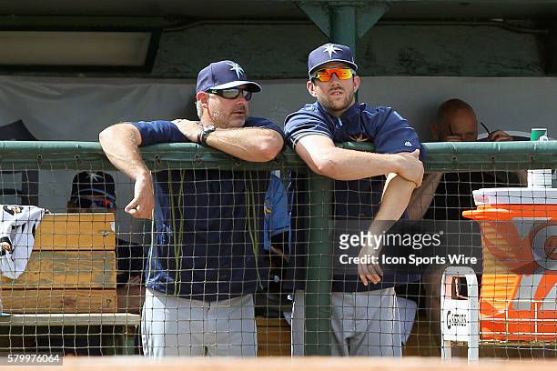 Rays hitting coach Derek Shelton sits and talks with Steven Souza Jr. During the spring training game between the Tampa Bay Rays and the Detroit...
