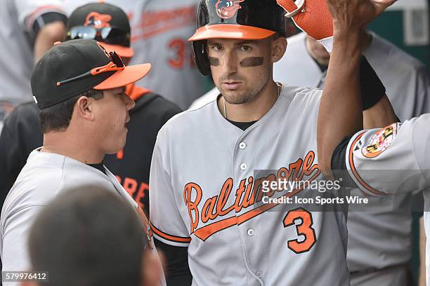 Baltimore Orioles' shortstop Ryan Flaherty celebrates with teammates after hitting a solo home run in the seventh inning during a Major League...