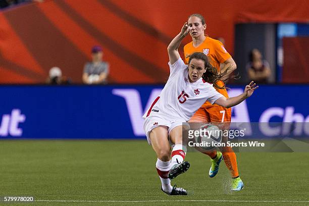 Canada defender Allysha Chapman kicks the ball during the 2015 FIFA Women's World Cup Group A match between Netherlands and Canada at the Olympic...
