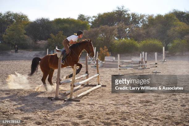 teenage girl riding horse over jumps on course - horse racing jump stock-fotos und bilder
