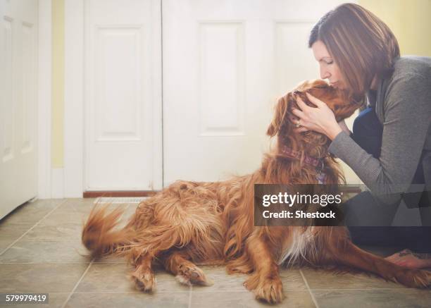 caucasian woman kissing dog on floor - kindness stock pictures, royalty-free photos & images