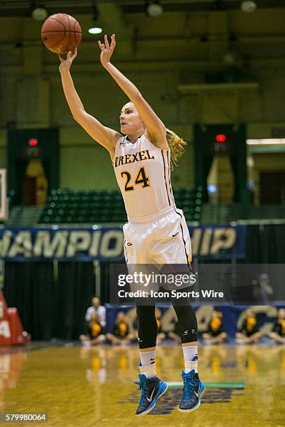 Drexel Lady Dragons guard Rachel Pearson shots a three pointer during the game between Towson Tigers vs Drexel Dragons at Showplace Arena in Upper...