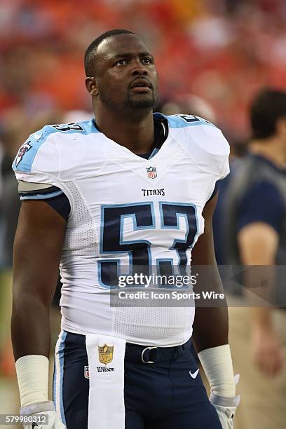 Tennessee Titans outside linebacker Deiontrez Mount watches the video board during the preseason game between the Tennessee Titans and Kansas City...