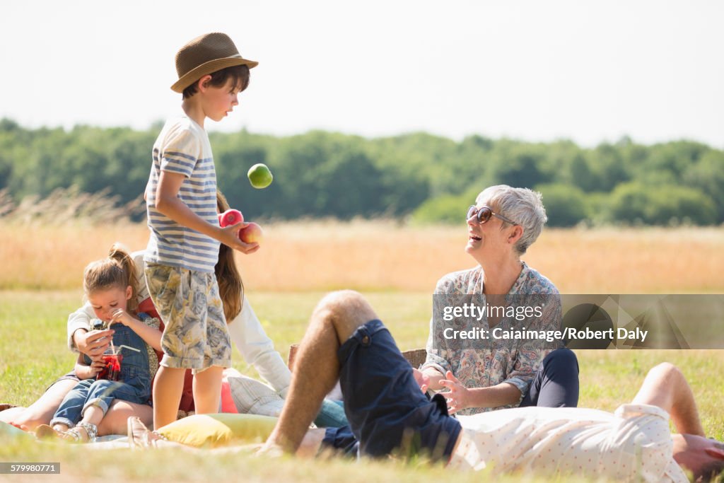 Multi-generation family in sunny field