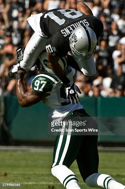 Oakland Raiders wide receiver Chaz Schilens works the up and over on New York Jets linebacker Calvin Pace on Sunday, October 19, 2008 at McAfee...