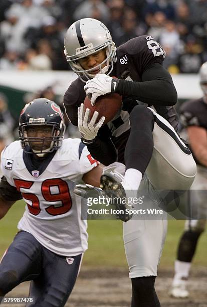 Oakland Raiders wide receiver Chaz Schilens makes catch in front of Houston Texans linebacker DeMeco Ryans on Sunday, December 21, 2008 at McAfee...