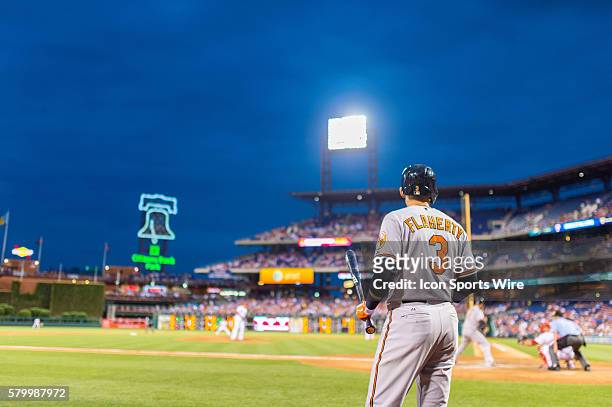 Baltimore Orioles second baseman Ryan Flaherty watches the gane from the batter's box during the MLB game between the Baltimore Orioles and the...