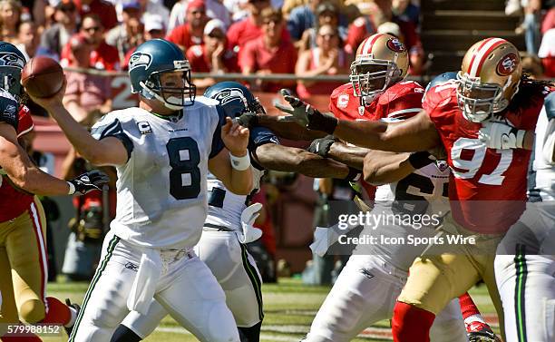 San Francisco 49ers defensive end Ray McDonald makes move on Seattle Seahawks quarterback Matt Hasselbeck on Sunday, September 20, 2009 at...