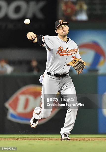 Baltimore Orioles second baseman Ryan Flaherty fields a ground ball as he throws to 1st base for an out during a MLB game between Baltimore Orioles...