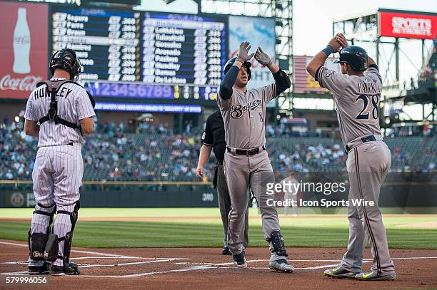 Milwaukee Brewers right fielder Ryan Braun celebrates a first inning two-run homer with left fielder Gerardo Parra as Colorado Rockies catcher Nick...
