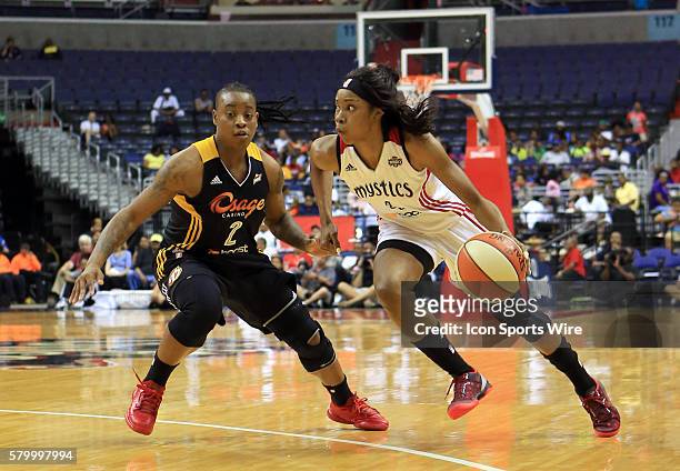 Riquna Williams of the Tulsa Shock defends against Tayler Hill of the Washington Mystics during a WNBA game at Verizon Center, in Washington D.C....