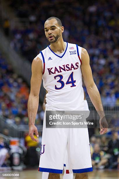 Kansas Jayhawks forward Perry Ellis during the NCAA Big 12 conference mens basketball tournament championship game between the West Virginia...