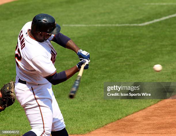 Minnesota Twins designated hitter Miguel Sano homers to left ,in the game between the Houston Astros and Minnesota Twins at Target Field in...