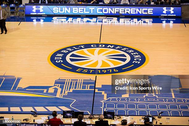 March 12, 2015 - Sun Belt mid court logo during the game between Arkansas Little Rock and South Alabama at the Lakefront Arena in New Orleans, LA....