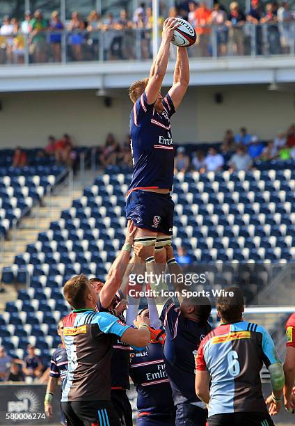Matt Trouville of the USA Eagles takes the line in throw against Harlequins during an international rugby friendly match at PPL Park, in Chester, PA....
