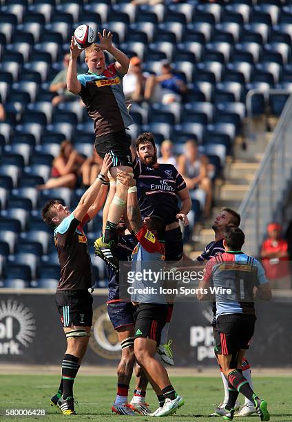 Sam Twomey of Harlequins collects the ball from a line out during an international rugby friendly match against the USA Eagles at PPL Park, in...