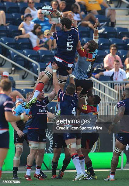 Greg Peterson of the USA Eagles up for the ball with Jack Clifford of Harlequins during an international rugby friendly match at PPL Park, in...