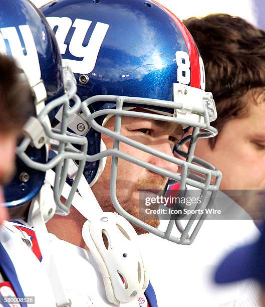 Giant's Jeremy Shockey looks dejected on the sidelines of a NFL football game between the Balitmore Ravens and the New York Giants. Ravens won the...