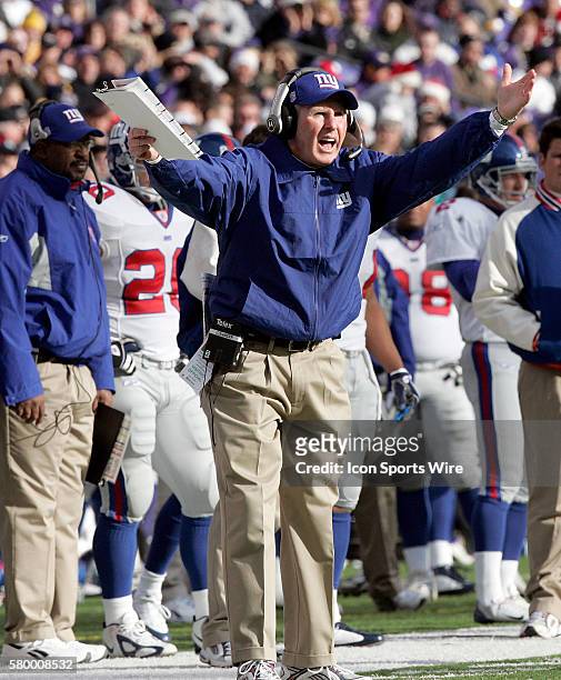 Giant's Head coach Tom Coughlin reacts on the sidelines during a NFL football game between the Balitmore Ravens and the New York Giants. Ravens won...