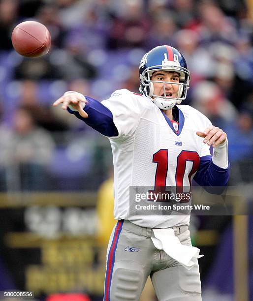 Giants quarterback Eli Manning throws a pass during a NFL football game between the Balitmore Ravens and the New York Giants. Ravens won the game...