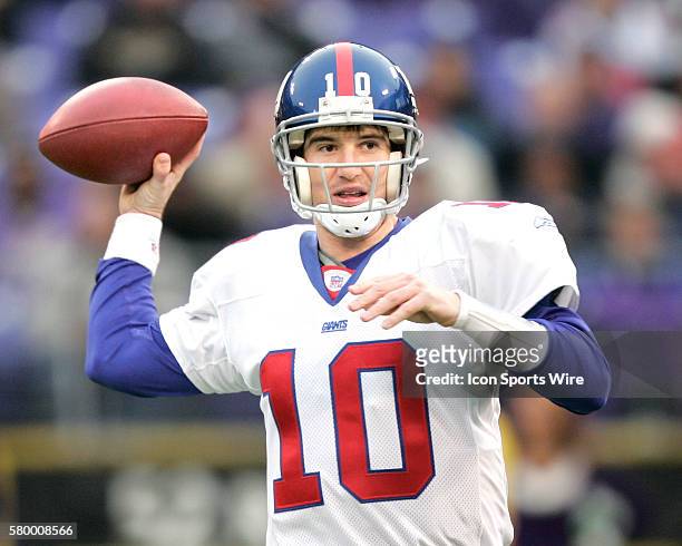 Giants quarterback Eli Manning throws a pass during a NFL football game between the Balitmore Ravens and the New York Giants. Ravens won the game...