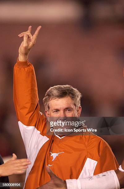 Head coach Mack Brown of the Texas Longhorns celebrates after the Horns 38-37 victory over the Michigan Wolverines in the 2005 Rose Bowl at the Rose...