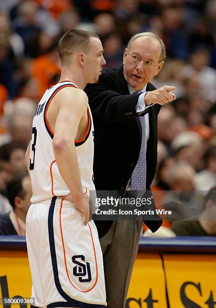 Head Coach Jim Boeheim and Gerry McNamara of the Syracuse Orange during the Orange 78-73 victory over the Georgetown Hoyas at the Carrier Dome in...