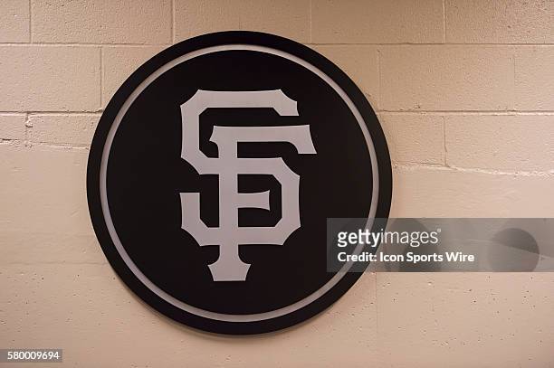 The San Francisco Giants logo at AT&T Park in San Francisco, CA.