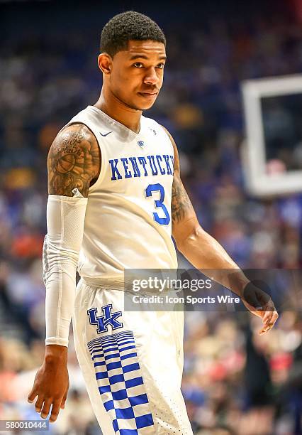 Kentucky Wildcats guard Tyler Ulis looks to the bench during the SEC Basketball Championship Tournament semi-final game 2 between Kentucky and...