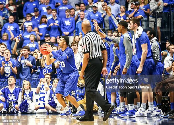 During the 2016 SEC Basketball Championship Tournament Final game between March 13, 2016: Kentucky Wildcats guard Jamal Murray scores a 3 pointer...