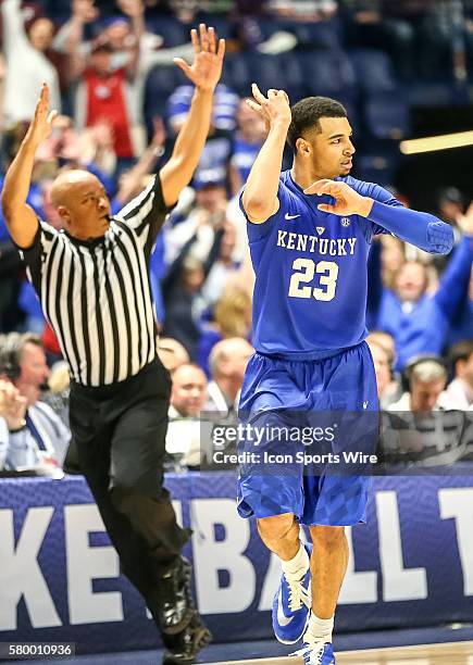 Kentucky Wildcats guard Jamal Murray pulls out the bow and arrow after scoring a 3 pointer during the 2016 SEC Basketball Championship Tournament...